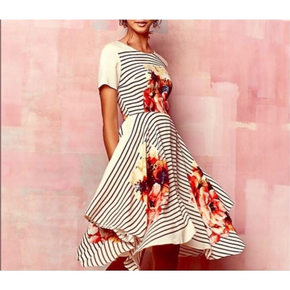 Anthropologie Cream Striped Midi Dress with Red & Pink Floral Print